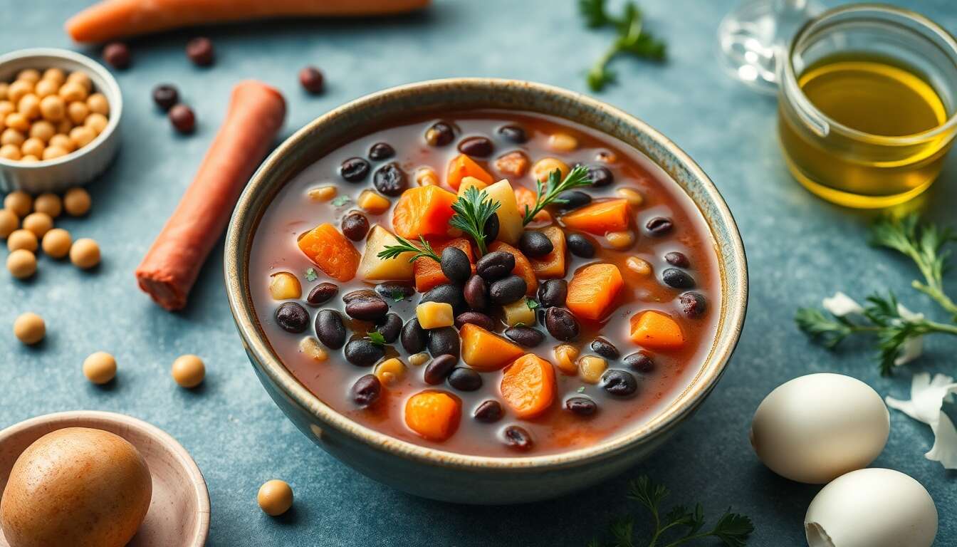 découvrez notre recette de soupe aux haricots noirs prête en 20 minutes, riche en saveurs et apportant 12g de fibres par portion. idéale pour un repas sain, rapide et nourrissant !