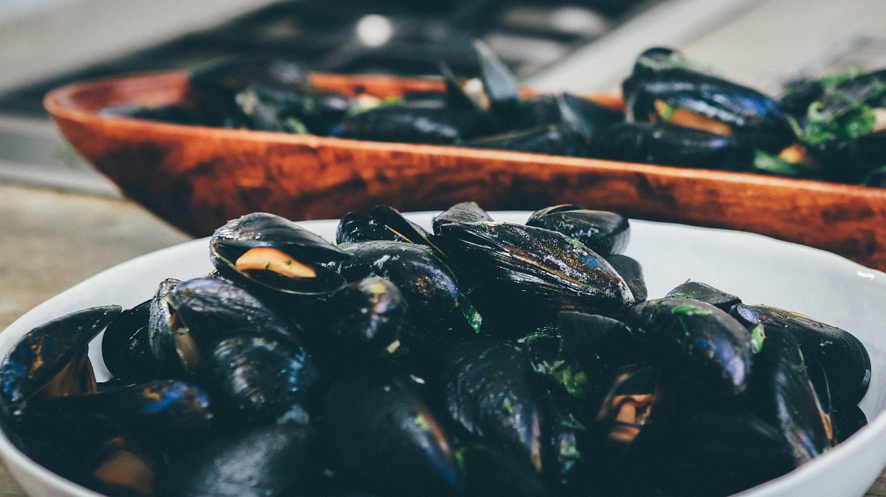 Moules fraîches de bouchot dans un panier, idéales pendant la saison des moules