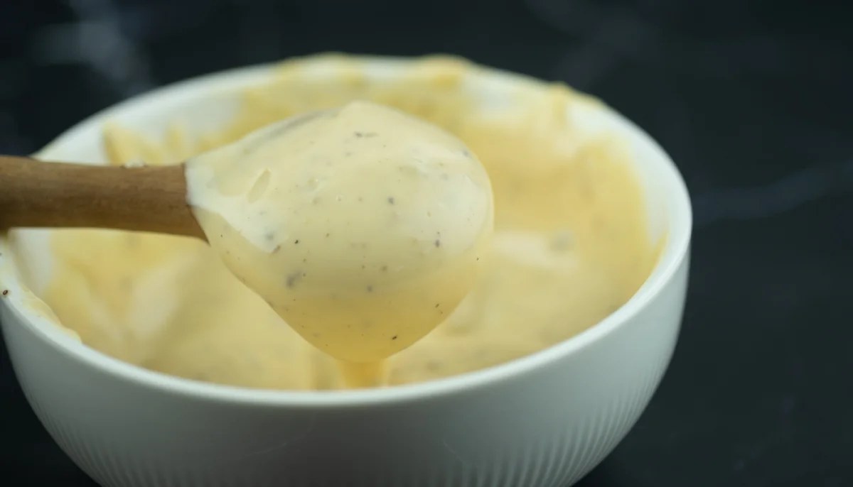 Sauce César maison crémeuse dans un bol, prête à napper une salade