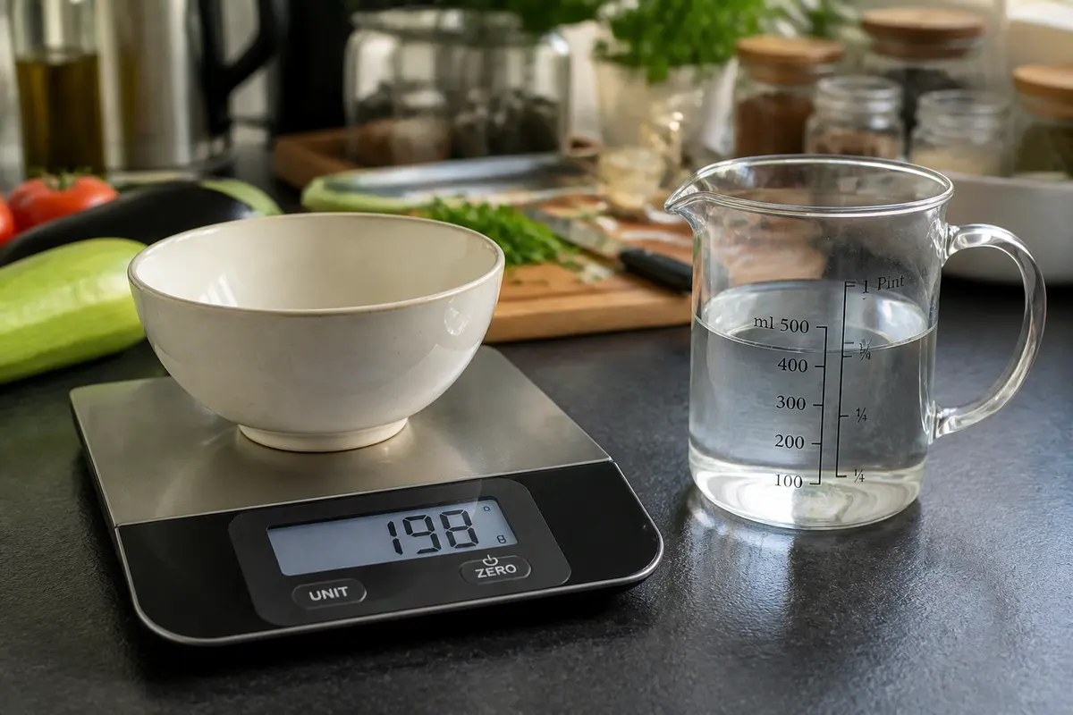 Verre doseur et balance de cuisine pour convertir des grammes en litres selon l'ingrédient