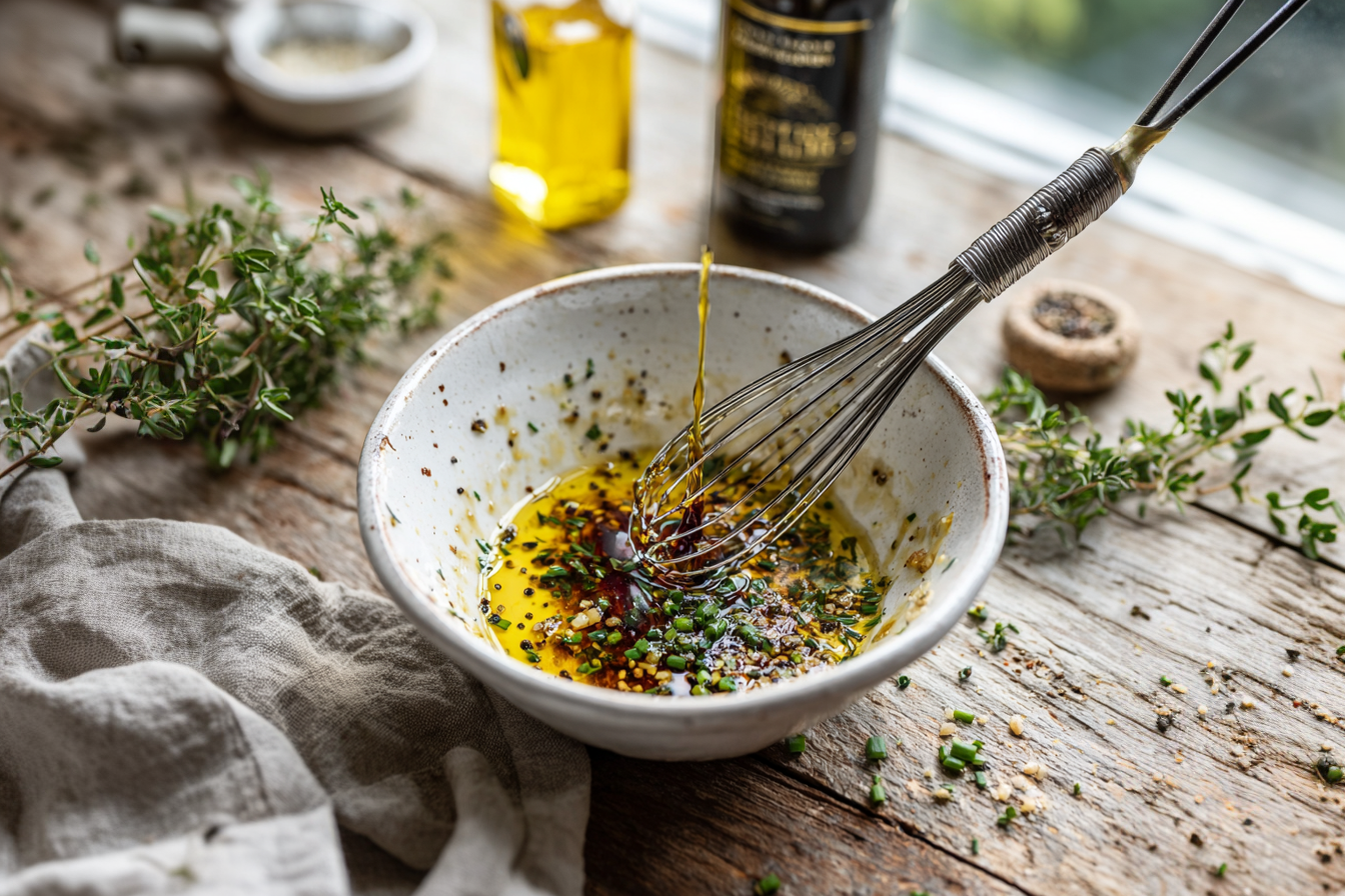 Bol de vinaigrette maison avec huile, vinaigre et moutarde