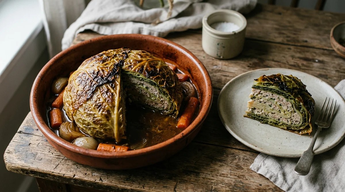 Chou farci entier ficelé dans une cocotte avec son bouillon de cuisson