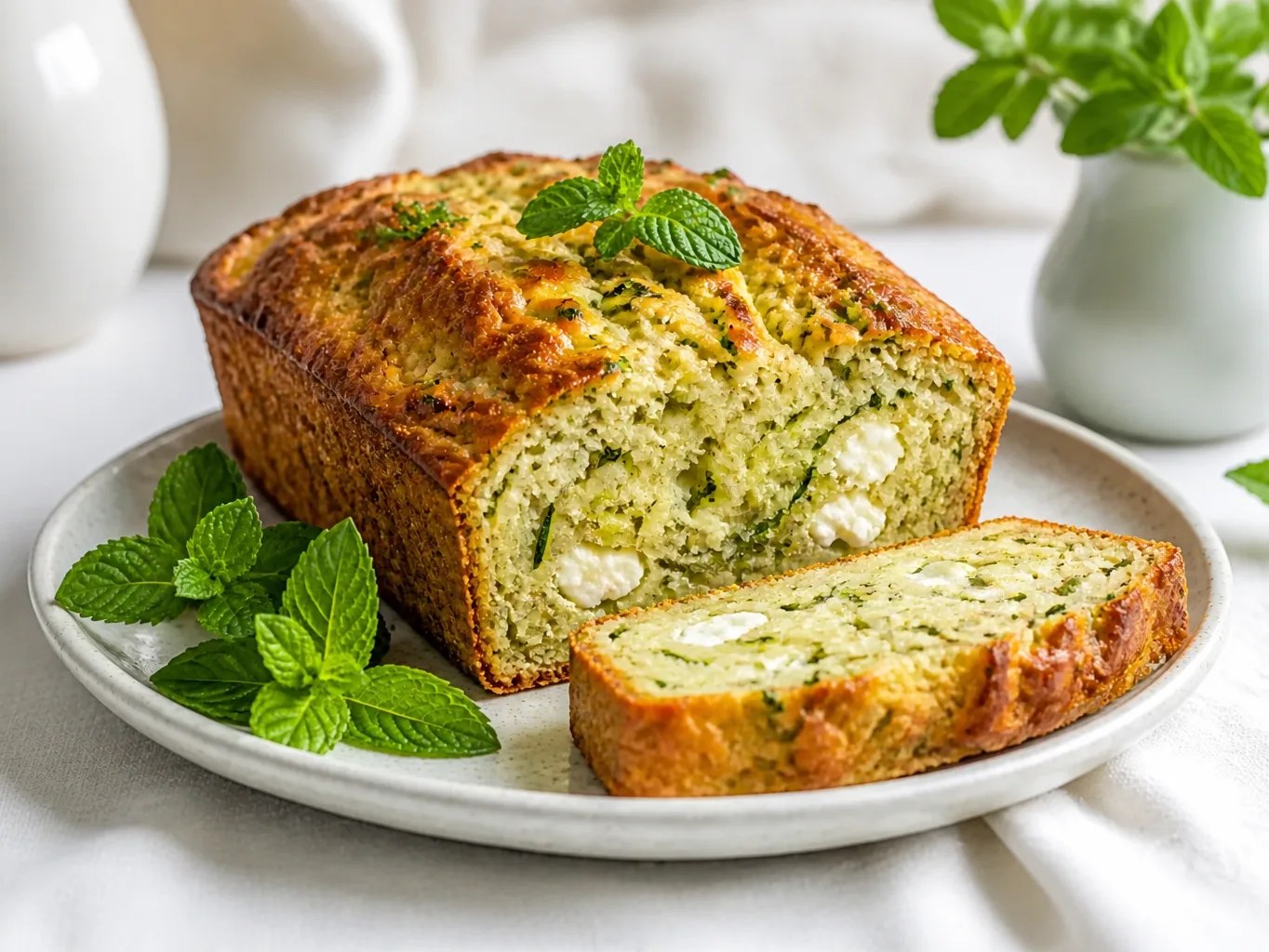 Cake à la courgette moelleux tranché sur une planche en bois