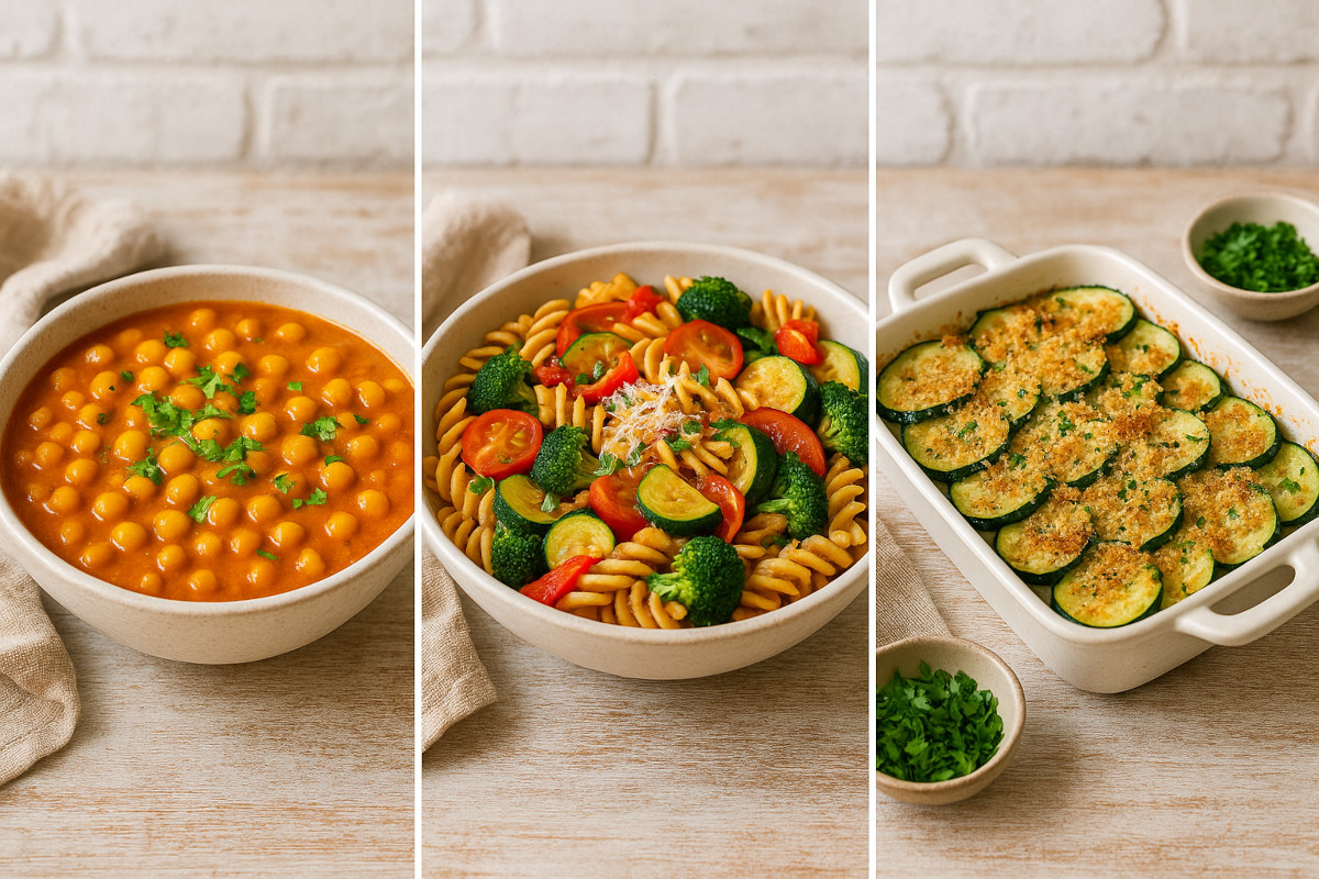 Assiette de recettes vegan faciles avec légumes rôtis et légumineuses