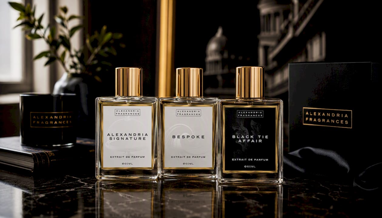 Flacons de parfums aux tons pastel posés sur une table claire